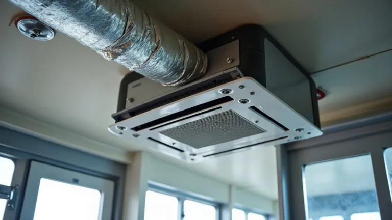 Air conditioning unit and insulated ducting being installed above a vessel cabin ceiling