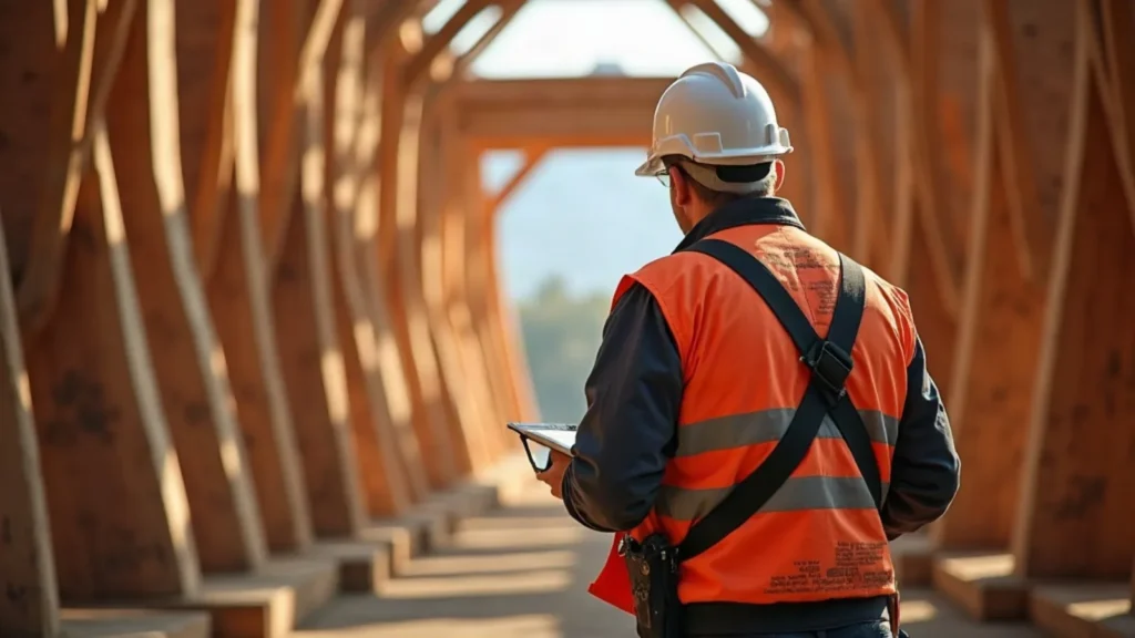 Surveyor inspecting heavy timber frames inside a wooden vessel under construction