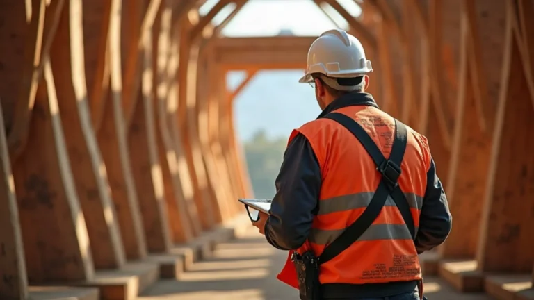Surveyor inspecting heavy timber frames inside a wooden vessel under construction