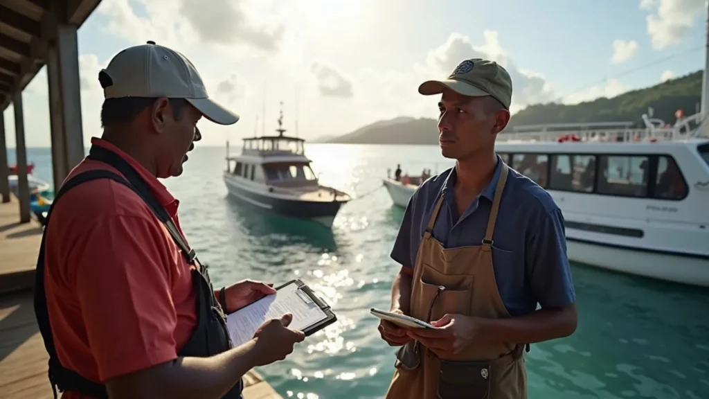 Operator kapal wisata lokal berdiskusi di dermaga kayu Raja Ampat