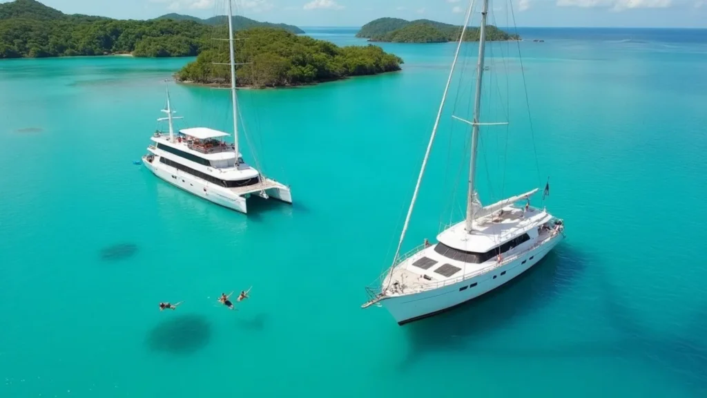 A catamaran and a monohull tour boat anchored together in a Raja Ampat bay