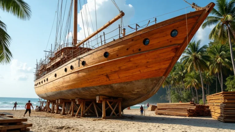 Keel and frames of a large wooden vessel erected at a tropical beach building site