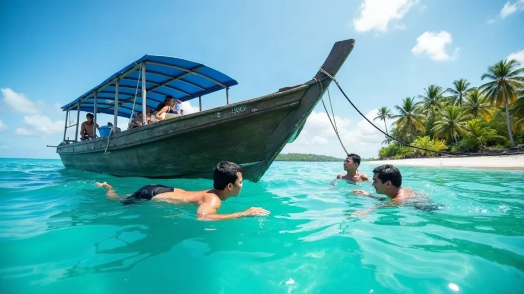 Snorkellers beside a canopied wooden tour boat in clear shallows near a homestay beach