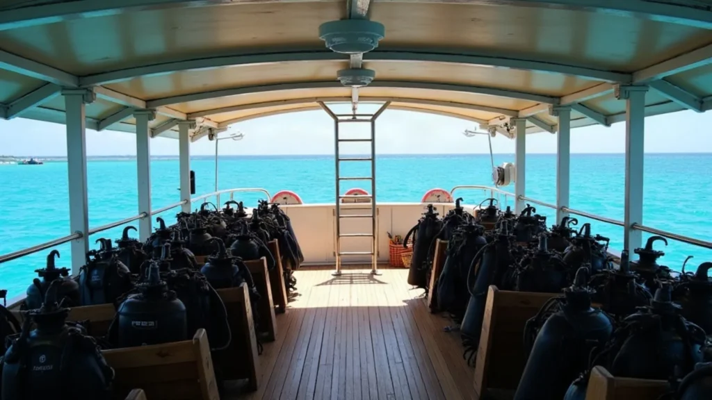 Aft dive deck with tank racks, bench seating, rinse tubs and boarding ladder