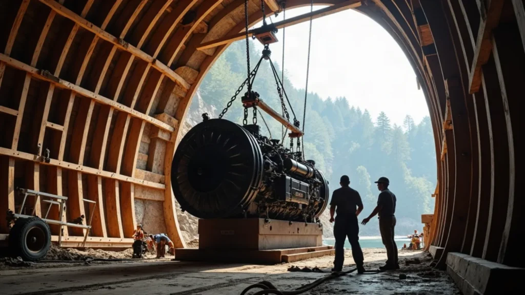 Marine diesel engine being lowered into an open hull during construction