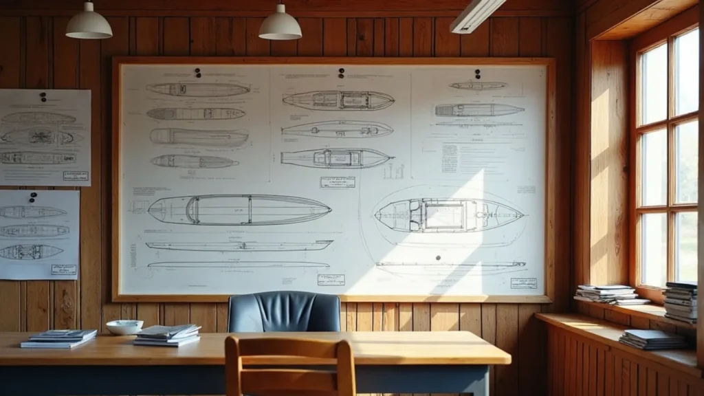 Boatyard office wall covered with pinned hull drawings and specification sheets