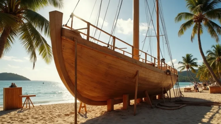 Fully planked but unfinished wooden vessel hull at a tropical building beach