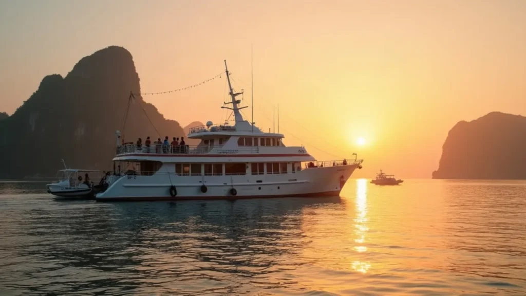 Expedition liveaboard at anchor at sunrise with tenders alongside in Raja Ampat