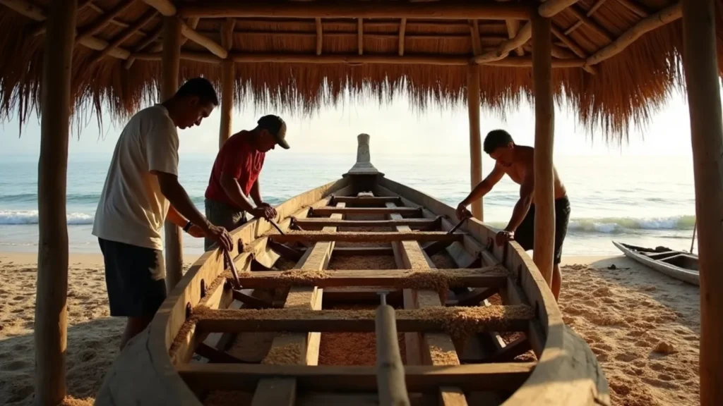 Indonesian boatbuilders shaping heavy ironwood frames under a beach shelter