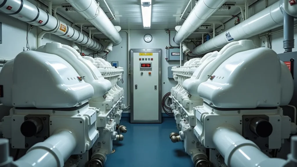 Marine engine room with twin diesel engines and electrical panel on an expedition vessel