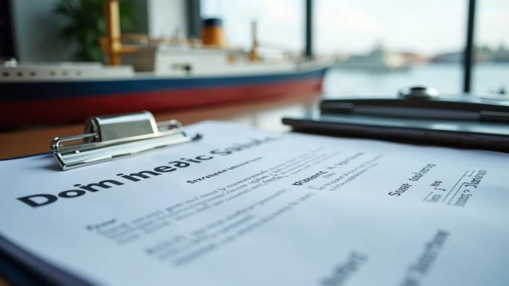 Vessel documentation folder and drawings on a desk beside a hull model