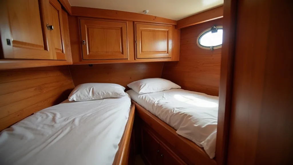 Compact timber liveaboard cabin with twin bunks and a porthole sea view