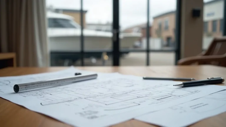 Contract document and technical drawings on a table with a boatyard beyond the window