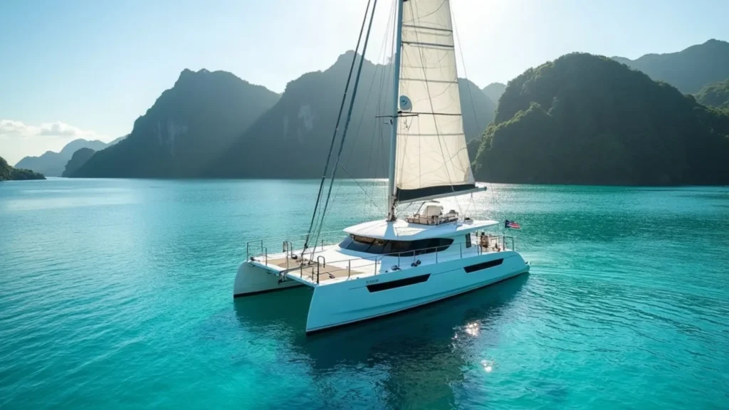 Catamaran anchored in a sheltered lagoon surrounded by Raja Ampat karst islands