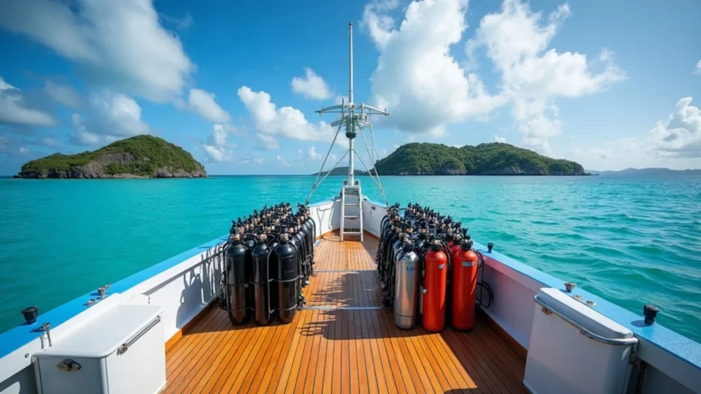 Dive deck of a purpose-built dive boat with tank racks and boarding ladder in Raja Ampat
