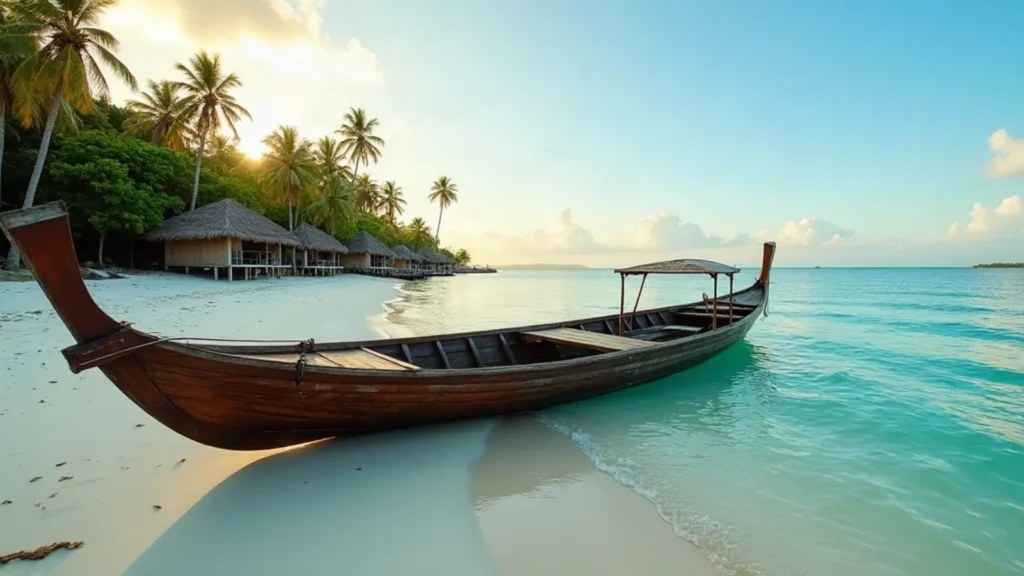 Wooden longboat on a beach beside stilt homestay huts in Raja Ampat