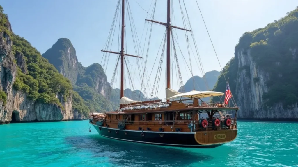 Wooden expedition dive liveaboard at anchor among Raja Ampat karst islands