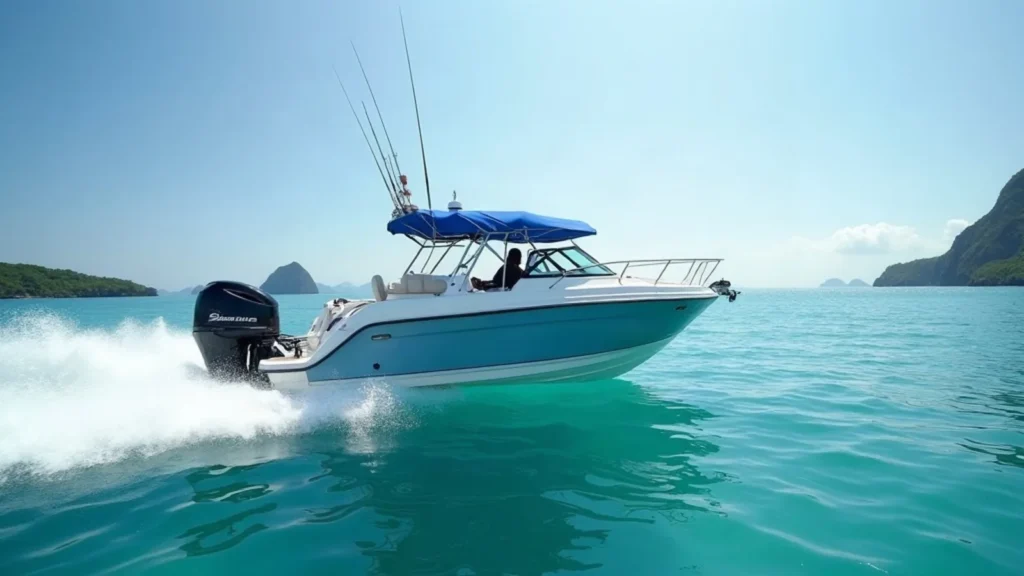 Fiberglass speedboat with twin outboards running across turquoise water in Raja Ampat