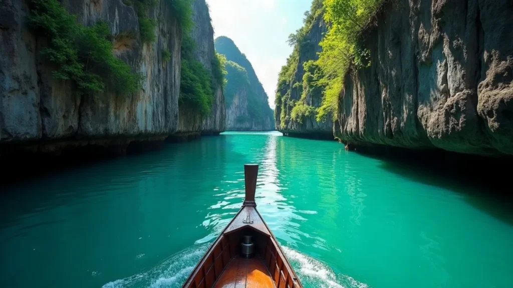 Shallow draft boat gliding through a narrow karst channel in Misool