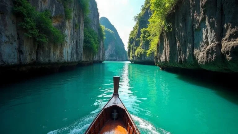 Shallow draft boat gliding through a narrow karst channel in Misool