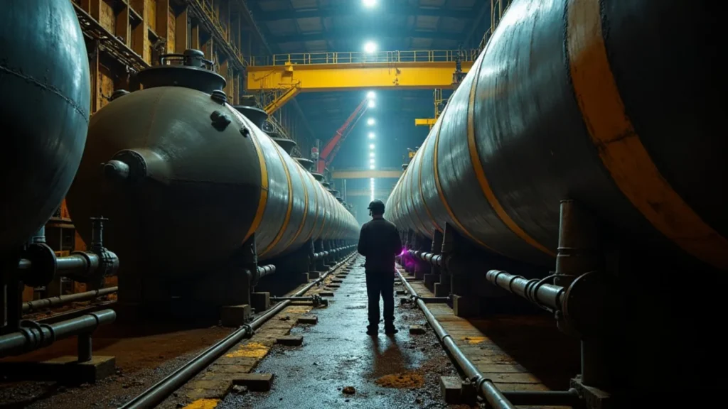 Fuel tanks and pipework being installed inside a vessel hull under construction