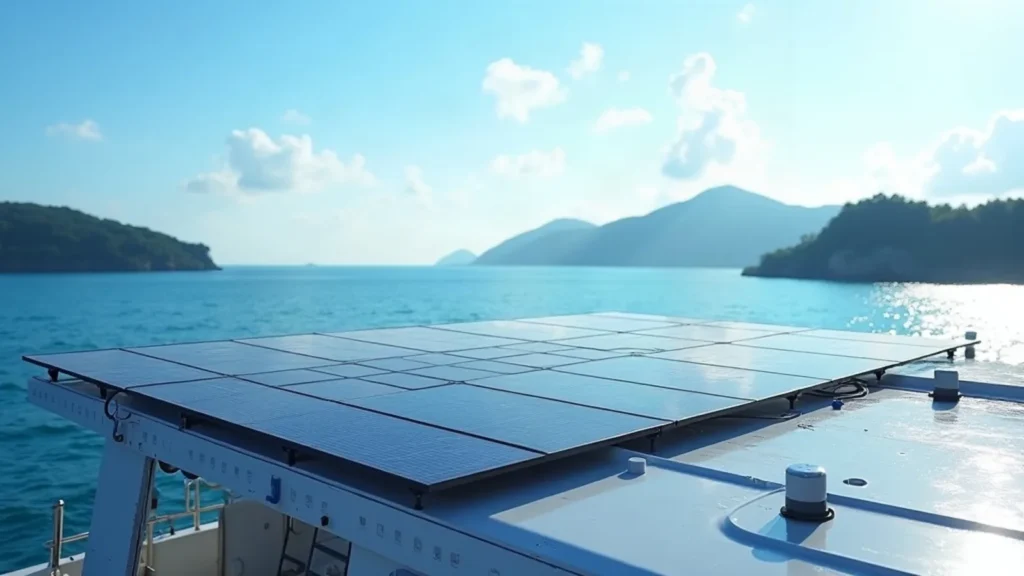 Solar panels mounted on the upper deck hardtop of an expedition vessel at anchor