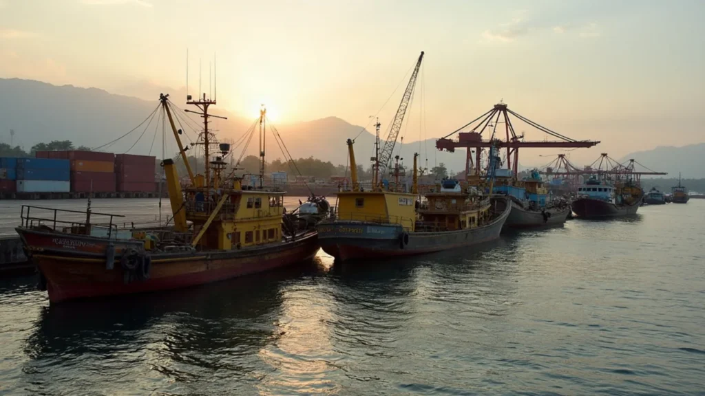 Sorong harbour in West Papua at dawn with working vessels alongside the quay