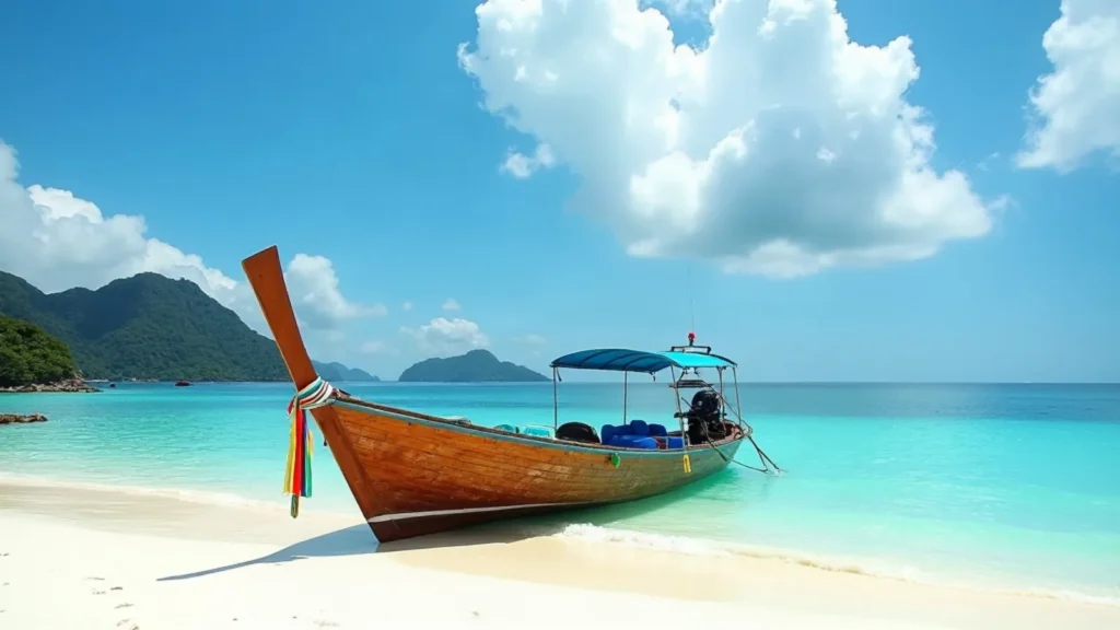 Small wooden tour boat with canopy moored off a beach in the Dampier Strait