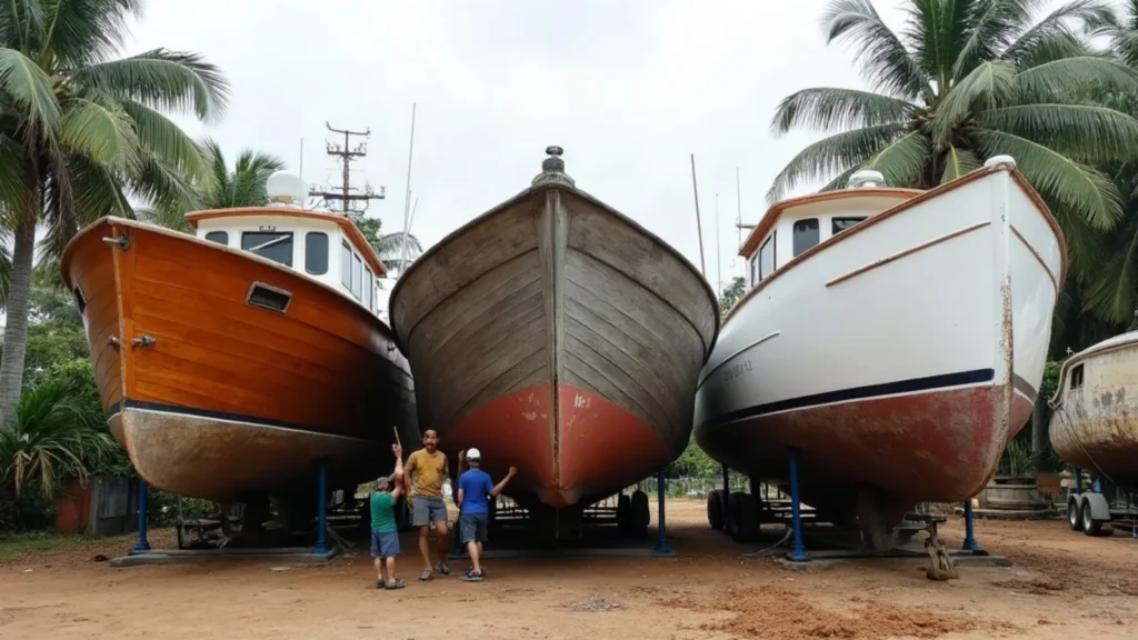Timber, aluminium and fiberglass boat hulls side by side on a tropical hardstand
